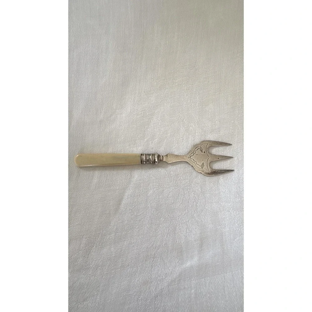 Antique Silverplate Fork 3 Tine Serving Fork Ivory Plastic Handle EPNS